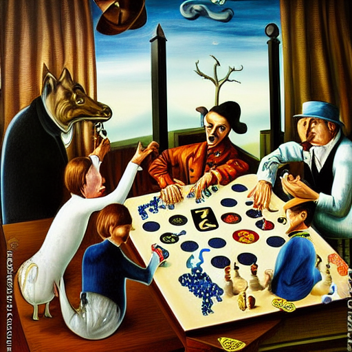Rodina hrající deskovky podle Salvadora Dalího očima umělé inteligence