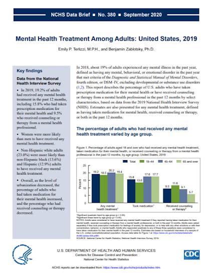 This is the report thumbnail for the Data Brief on Mental Health Treatment Among Adults: United States, 2019