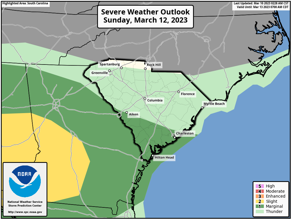 The Storm Prediction Center's Severe Weather Outlook graphic for Sunday, highlighting a part of the state with a level 1 of 5 severe storm risk.