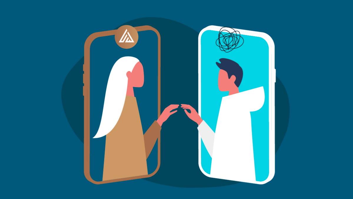 illustration with two smartphones person on screen of each one reaching out to each other