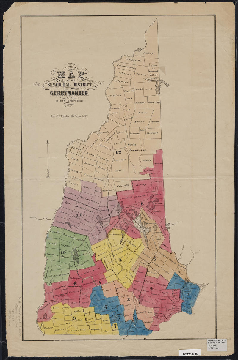 Colored map of gerrymandered Senate districts in 1875