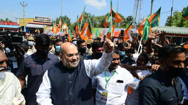  Home Minister Amit Shah arrives for an election campaign meeting in Nagercoil, Tamil Nadu on March 7, 2021. 