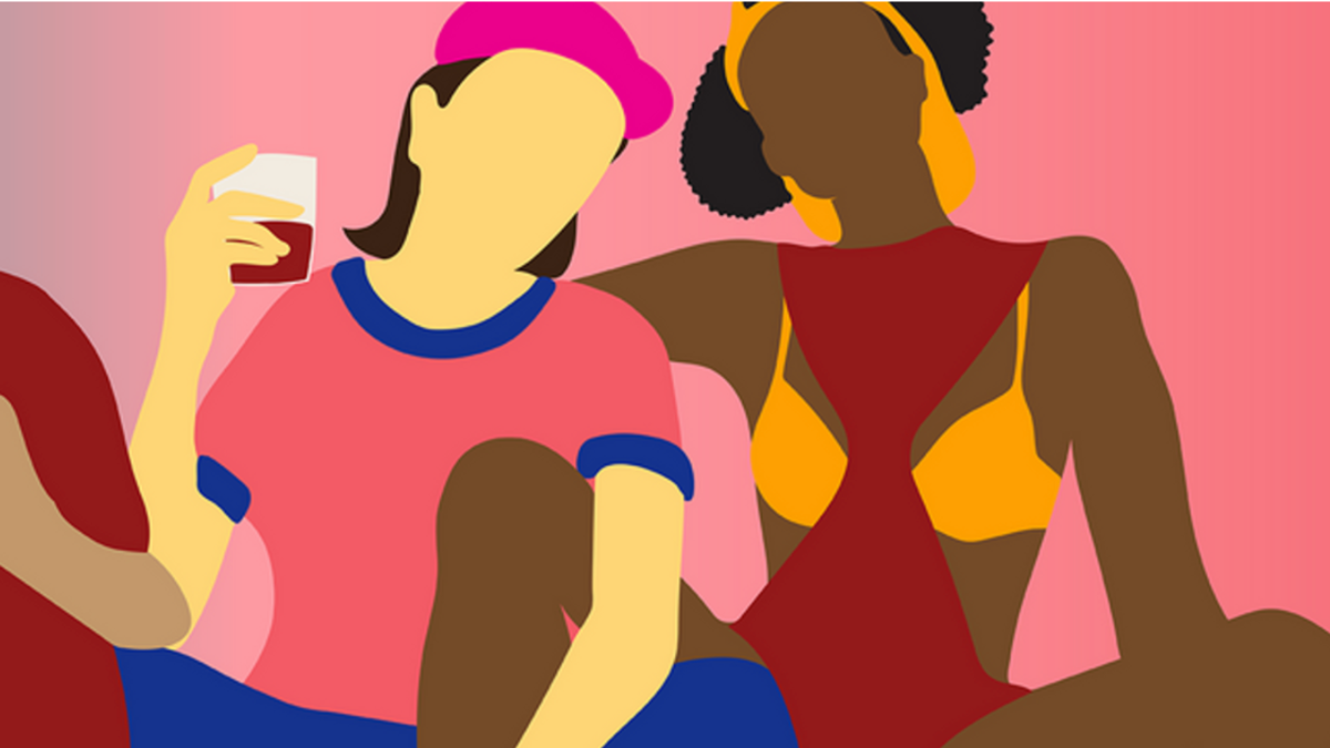 illustration of two queer women one with a drink in hand