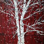 Silver Birches by a Red Barn on a Snowy Day - Posted on Saturday, March 14, 2015 by Lianna Klassen