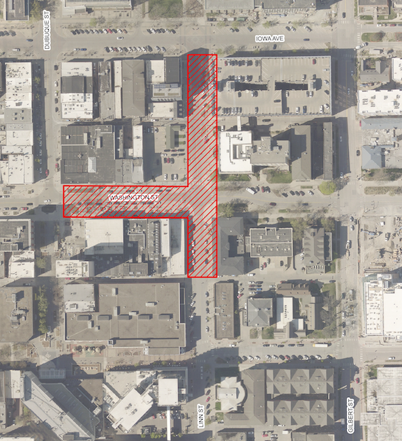 A map of street closures for Pride Iowa City. 