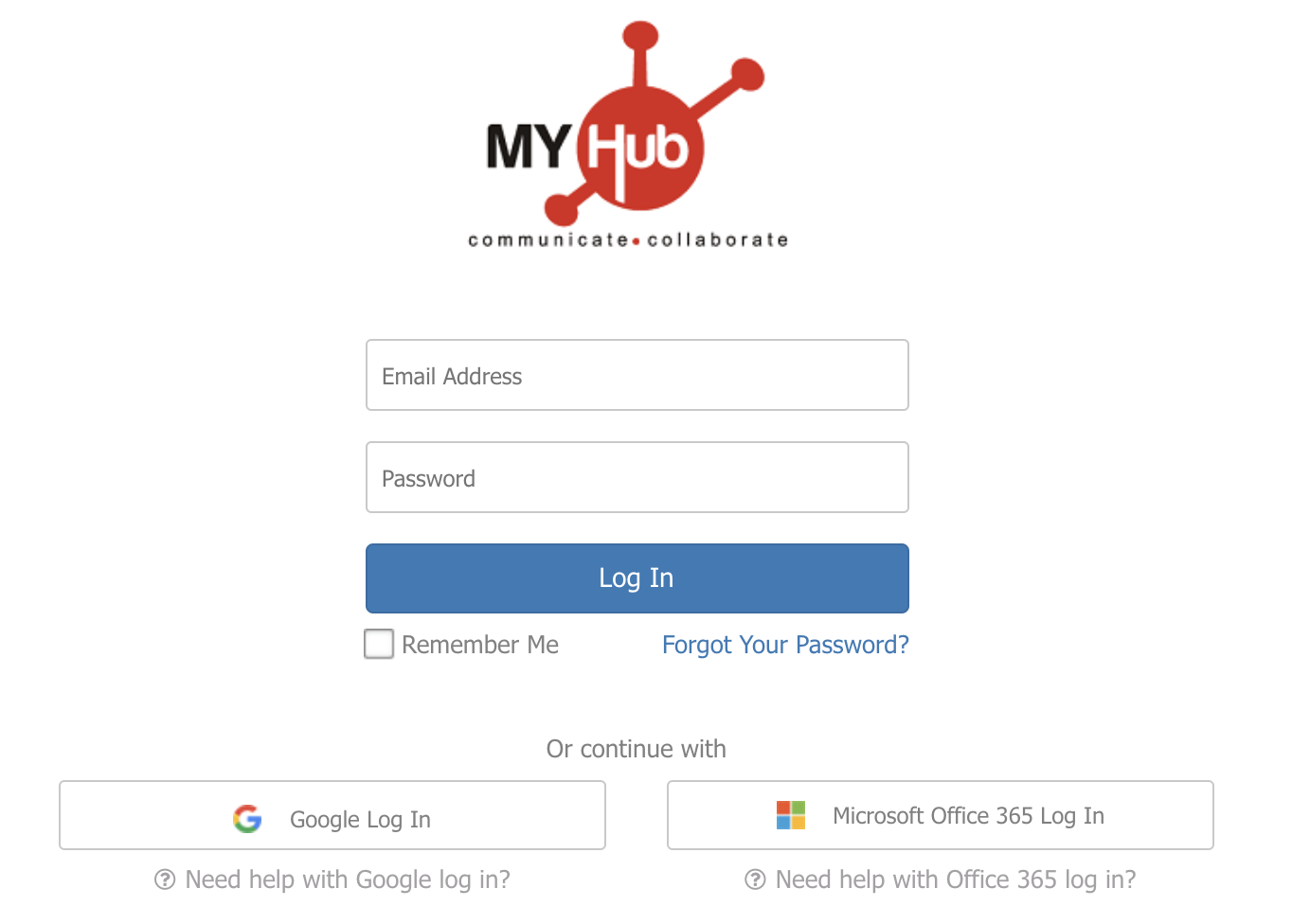 New MyHub log in page