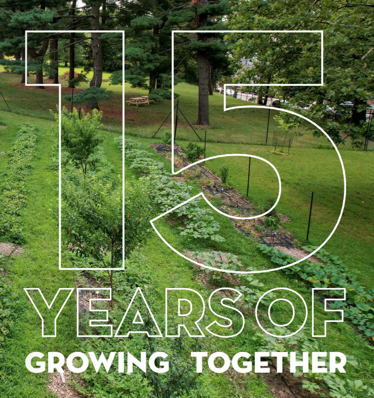 Text over an aerial image of the POP Learning Orchard reading ''15 Years of Growing Together''