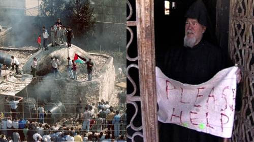 Palestinians stand on the roof of Joseph's Tomb in Nablus