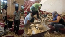Young Arab men with masks inside the Al Aqsa mosque (some wearing shoes -- absolutely forbidden in Islam), stockpiling rocks to throw at Jews who visit the Temple Mount grounds, Sept. 2015