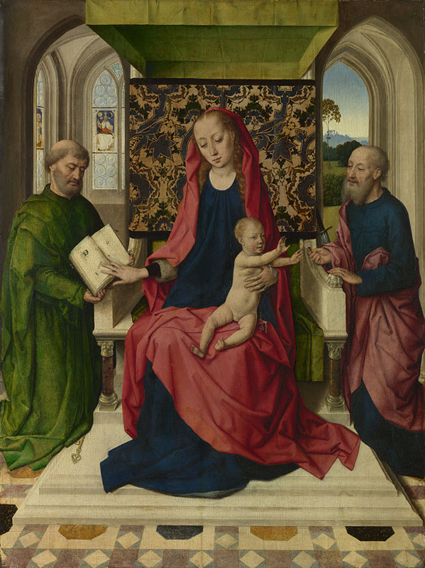 The Virgin sits with the infant Christ on her lap, as Peter and Paul kneel on either side of her