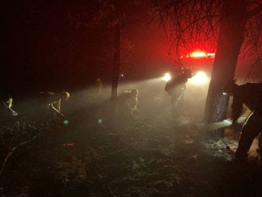 Forest Rangers fight wildfire in smoky woods, a car's headlights lighing a path through the smoke