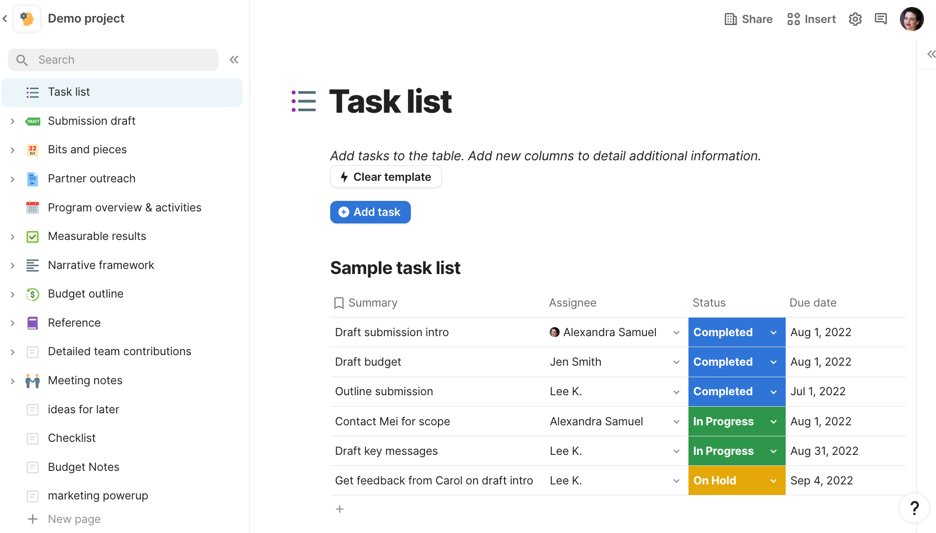 Screenshot of task list in main window with sidebar links to other project-related pages