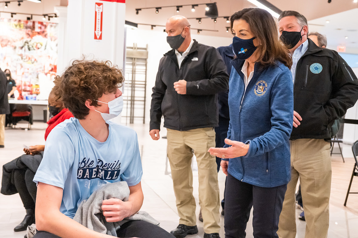 Governor Hochul meets young New Yorkers getting the COVID vaccine at a New York state-run mass vaccination site