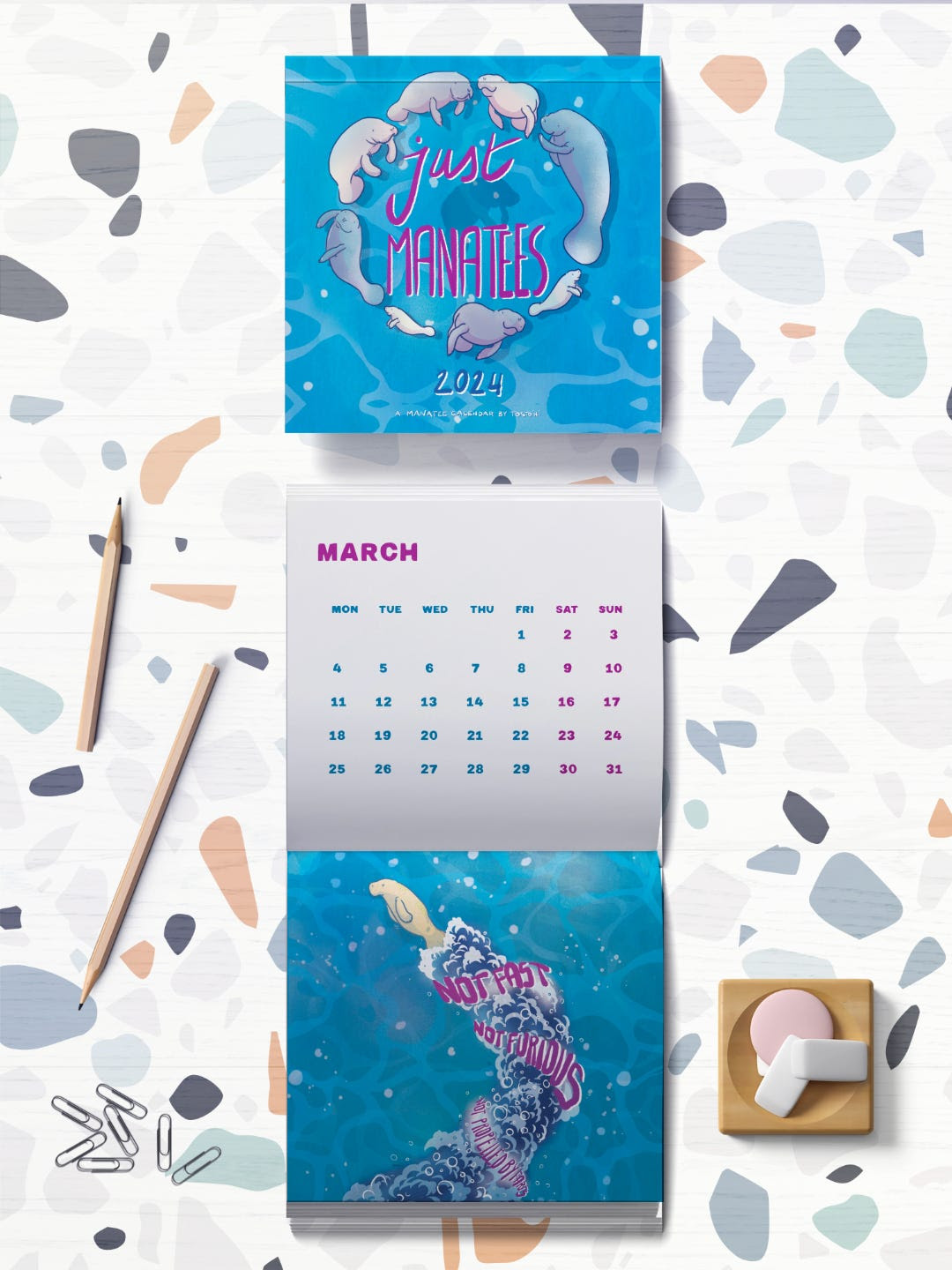 cover design and march pages of the 2024 manatee calendar on a terrazzo background