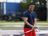 Washington Nationals outfielder Juan Soto smiles during spring training baseball practice Monday, Feb. 17, 2020, in West Palm Beach, Fla. (AP Photo/Jeff Roberson)