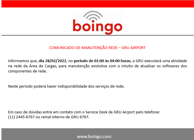 COMUNICADO GRU AIRPORT - MANUTENÇÃO REDE