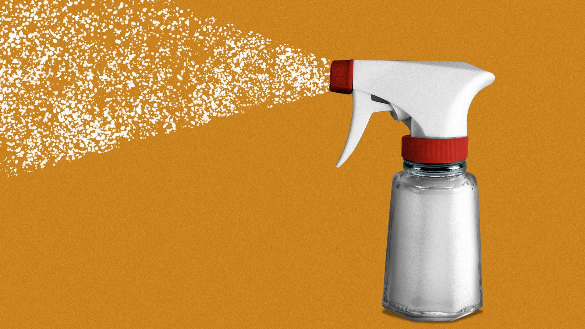 Illustration of a spray head on a salt shaker spraying salt.