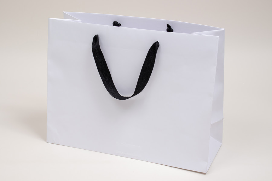 Matte White Paper Eurotote Bags Black Twill Ribbon Handles