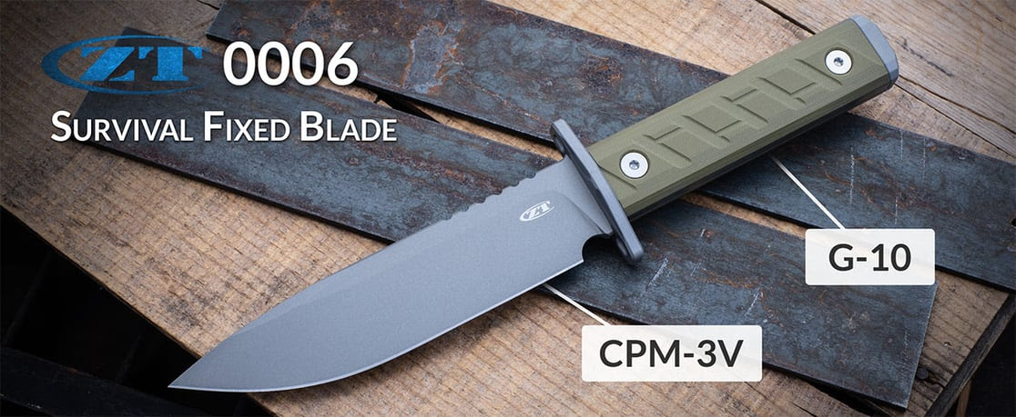 ZT 0006 Fixed Blade - Inspired by the original ZT-9, this hard-use fixed blade has a full tang of .190"-thick CPM-3V tool steel, bead blasted with a protective clear Cerakote finish. The handle features comfortable G-10 scales with a steel guard and end cap.