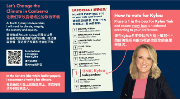 An Kylea Tink &lsquo;how to vote&rsquo; advertisement in Mandarin, which does not include the electoral authorisation text.