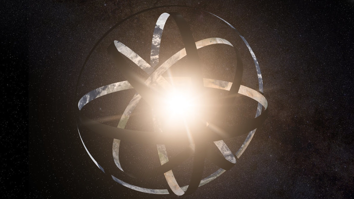 A rendering of a Dyson sphere—a circular solar panel glowing amongst stars in space.