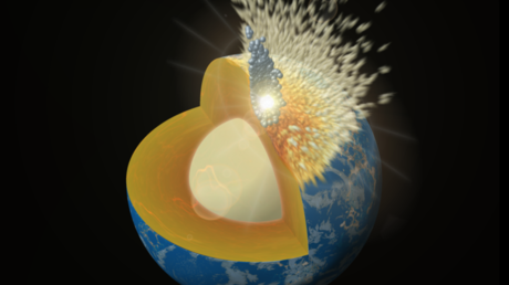 Artist concept shows the collision of a large moon-sized planetary body penetrating all the way down to the Earth's core, with some particles ricocheting back into space.