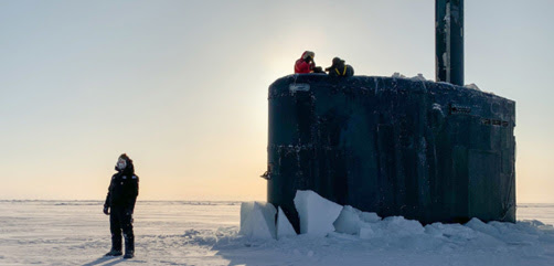 The USS Toledo arrives at Ice Camp Seadragon in the Arctic Ocean, March 4, 2020, to kick off Ice Exercise, a biennial exercise that offers the Navy the opportunity to assess its operational readiness in the Arctic and train with other services. - ALLOW IMAGES