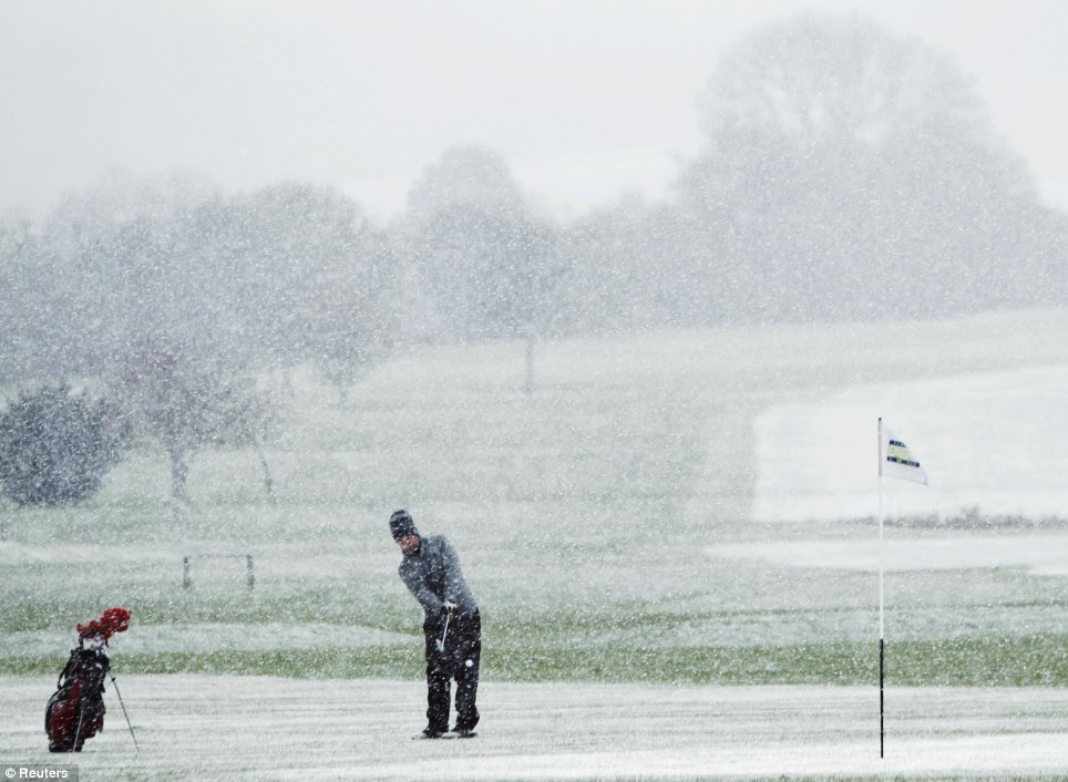 Good camouflage: As if playing in the cold wasn't hard enough, when snow began to fall over Etchinghill Golf Club near Folkestone, Kent the golfballs became increasingly difficult to spot