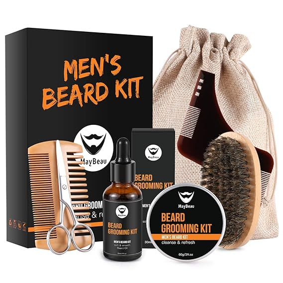MayBeau Beard Kit for Men 8 in 1 Beard Grouth Grooming & Trimming with Unscented Leave-in Conditioner Oil,Beard shaping, Beard Balm Butter Wax, Brush and Comb Ultimate Trimmer Set for Men