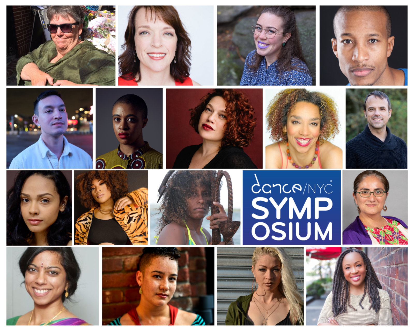 A collage of 17 of the Dance/NYC 2022 Symposium Speakers. From left to right and top to bottom, Corbett Joan OToole, Sarah Wilbur, Alison Kopit, Darian Marcel Parker, PhD, Kyle Dacuyan, Maya Simone Z., Alexandra Beller, Alice Sheppard, Andre Bouchard, Beverly Lopez, Judith McCarty, Nia Love, Paula Sánchez-Kucukozer, Sahasra Sambamoorthi, Sarah Chien, Stacie Webster, Sydnie Liggett-Dennis