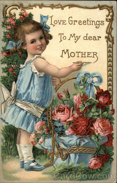 Classic Antique Mother's Day Card depicting little girl making flower arrangement.