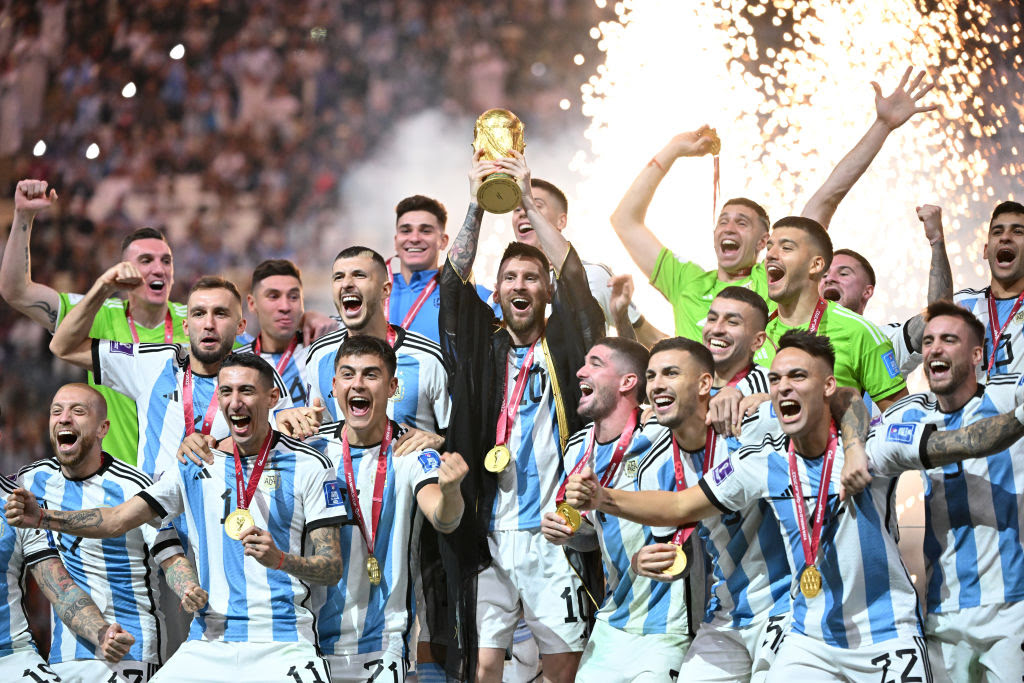 Lionel Messi of Argentina lifts the World Cup after winning the FIFA World Cup Qatar 2022 Final match between Argentina and France