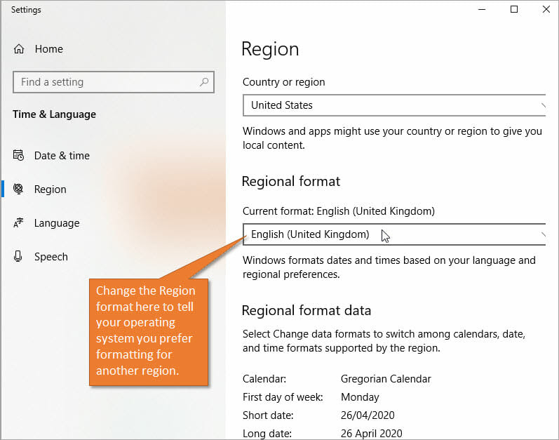 Change region settings for windows operating system