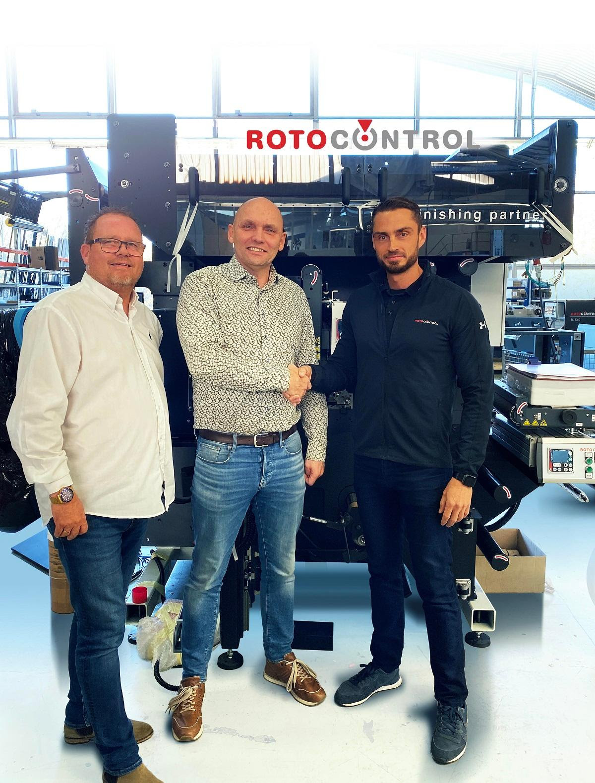 Mads Iversen _left_ and Jeppe M_lvadgaard of Nortech-Solutions with Marco Aengenvoort_ Managing Director of ROTOCONTROL _far right_ 