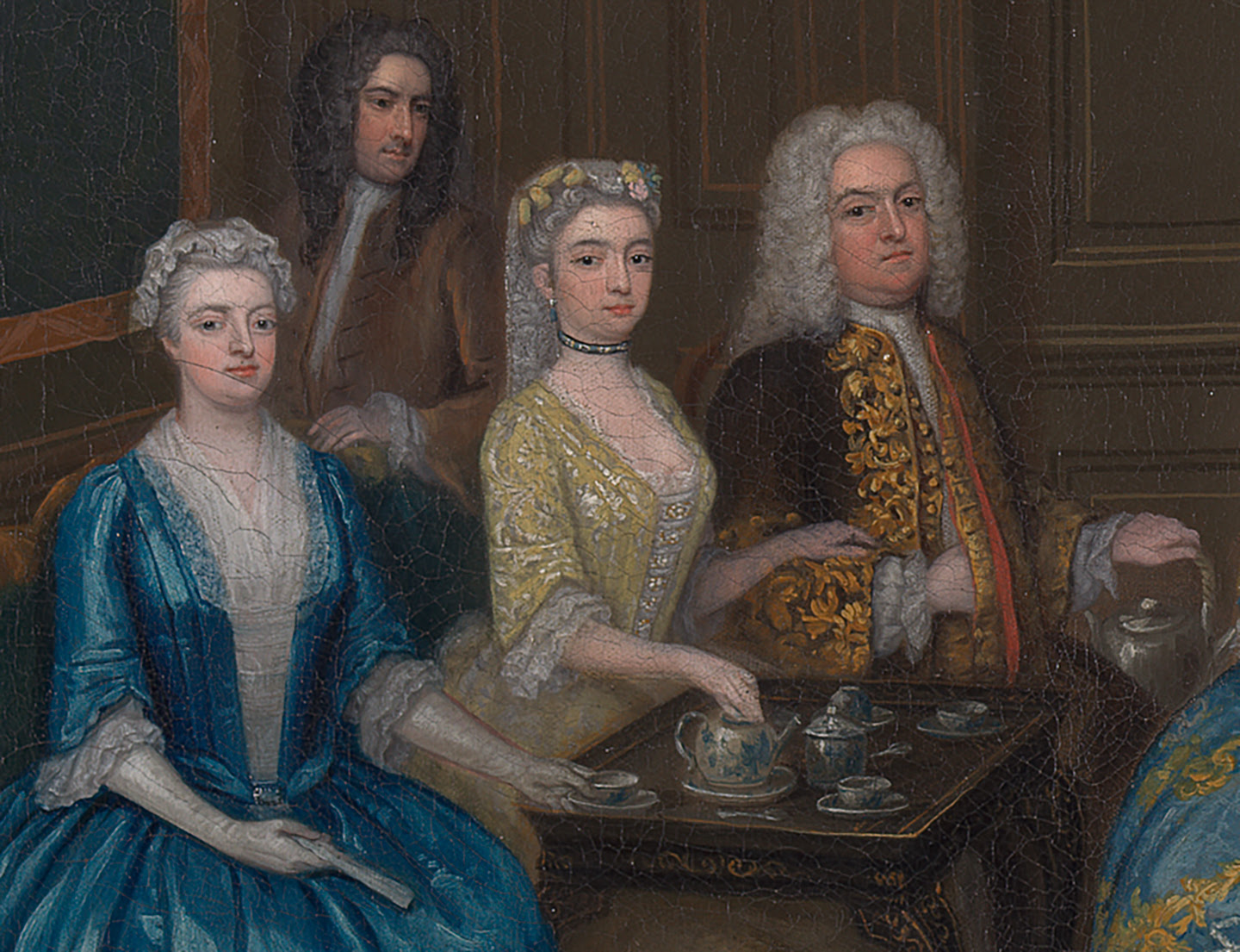 Chi tiết bộ dụng cụ thưởng trà trong bức tranh “Tea Party at Lord Harrington’s House, St. James’s” (Tiệc trà tại tư gia của Ngài Harrington ở St. James’s), họa sỹ Charles Philips, năm 1730. (Ảnh: Tư liệu công cộng)