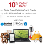 10% cashback on SBI Credit/ Debit Cards. No Minimum Purchase.