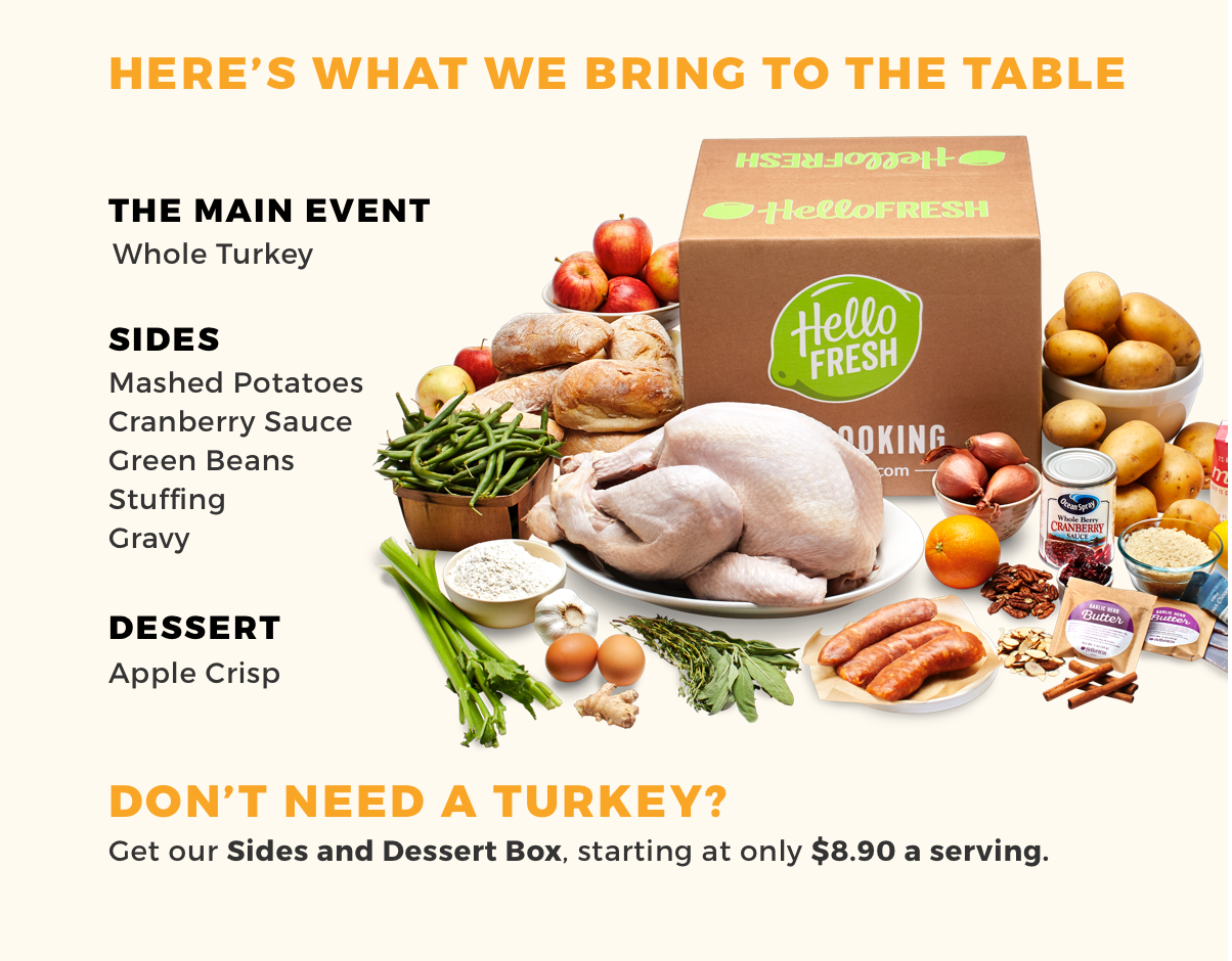 Here's what we bring to the table. The main event, sides, dessert. Don't need a turkey? Get our side and dessert box, starting at only $8.90 a serving.