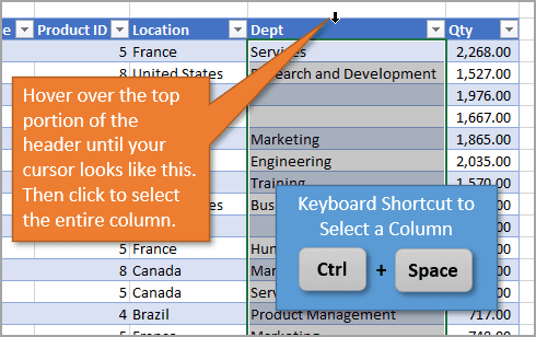 Shortcut to Select a Column in Excel Tables