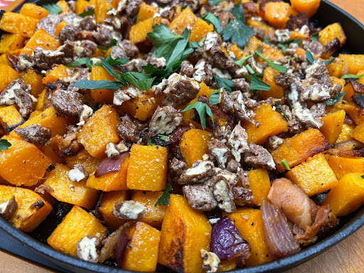 Roasted Butternut Squash with red onion and bacon