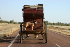 Stage Coach on Highway. A stage coach with dog travels a highway in Outback Australia.  Room for your company logo on the back of the coach Royalty Free Stock Photos
