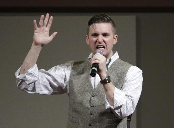 In this Dec. 6, 2016, file photo, Richard Spencer, who leads a movement that mixes racism, white nationalism and populism, speaks at the Texas A&M University campus in College Station, Texas. An associate of Spencer sued Ohio State University after it refused to rent campus space for him to speak. The lawsuit was filed Sunday, Oct. 22, 2017, in federal court in Columbus.