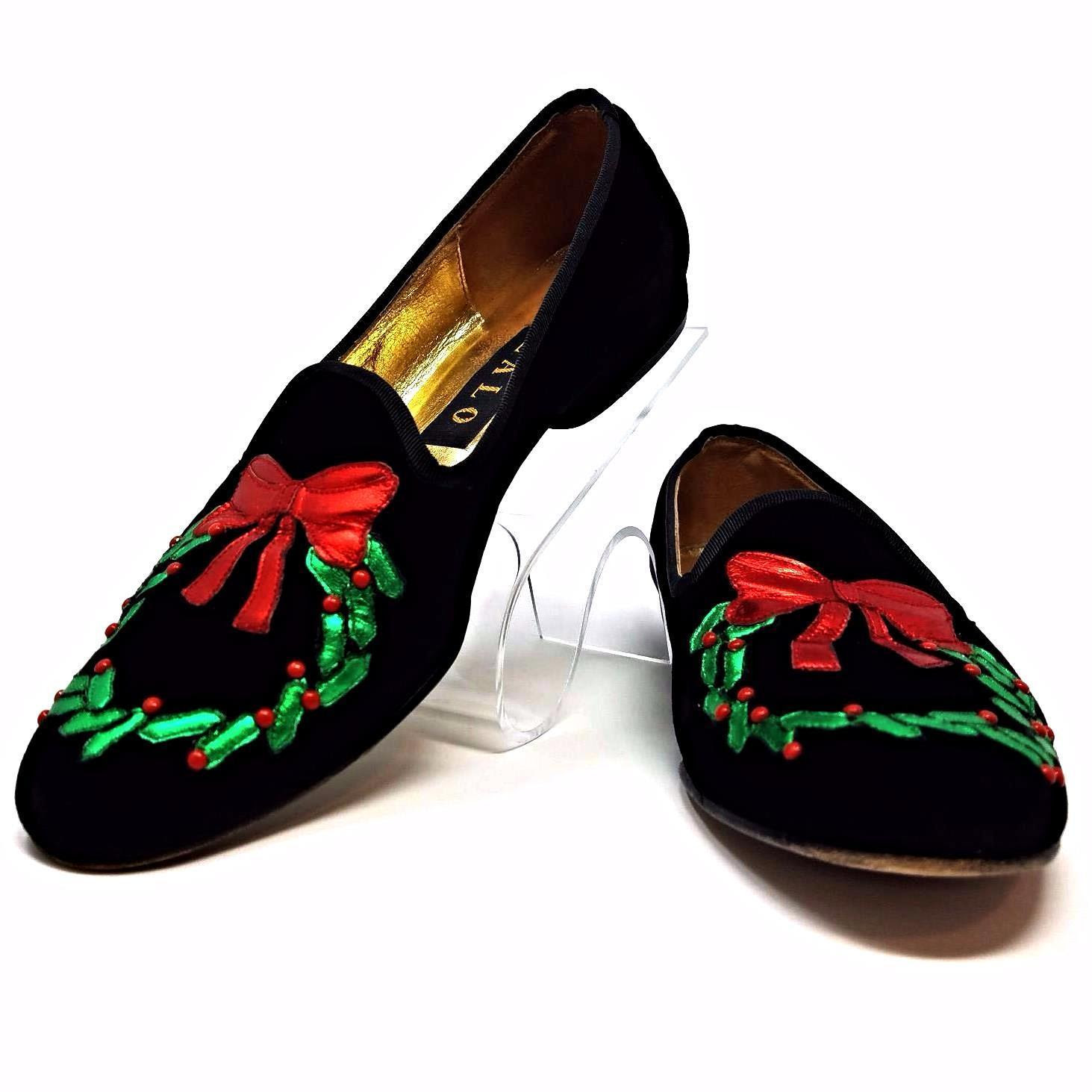 Zalo Black Velvet Vtg Holiday Christmas Wreath Leather Sole Shoes ...