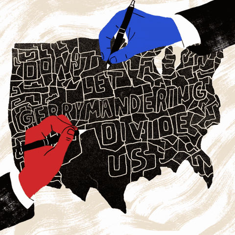 Image of people drawing boundaries on the USA. The words on top read "don't let gerrymandering divide us"