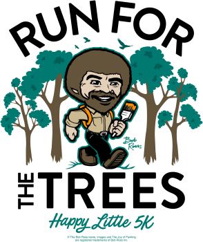 Run for the Trees Happy Little 5K" graphic with stylized forest, birds and Bob Ross character