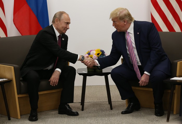 Donald Trump and Vladimir Putin attend their bilateral meeting at the G20 Osaka Summit 2019, in Osaka, Japan