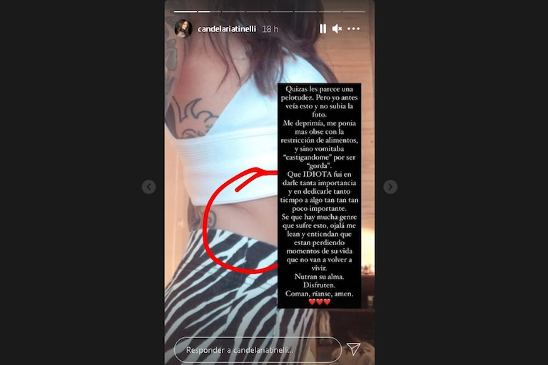 La famosa influencer subió varias fotos en las historias de su cuenta de Instagram. Pero la imagen que llamó la atención de sus más de cuatro millones de seguidores fue una foto suya frente al espejo y después la misma imagen con un profundo texto