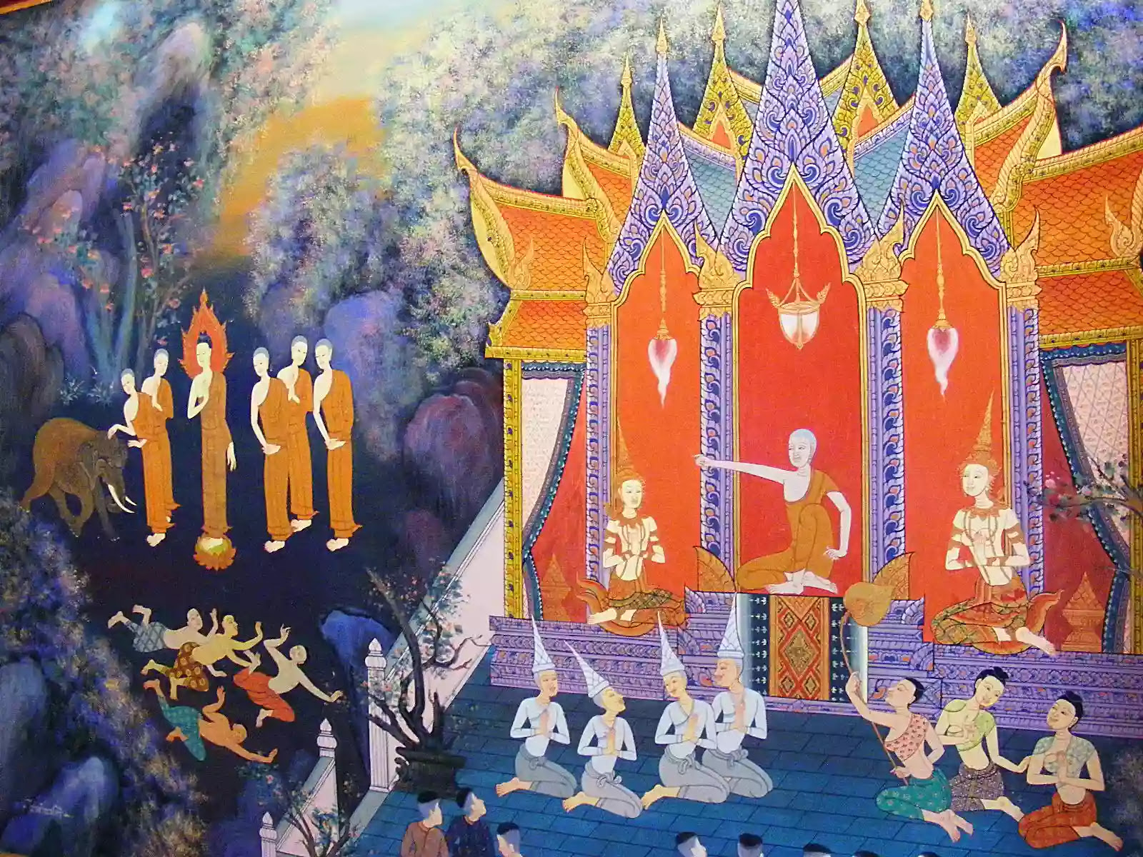 Painting of Devadatta in a temple with deciples.