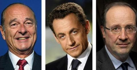 Jacques Chirac, Nicolas Sarkozy y François Hollande, los tres supuestos presidentes franceses espiados./ AFP