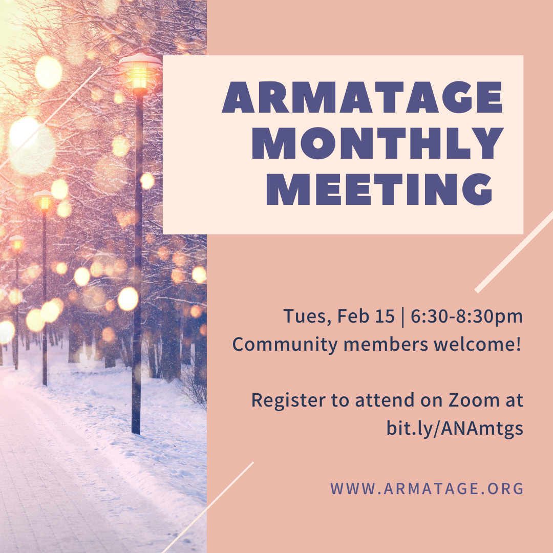 Graphic shows a snowy street at dusk with street lamps and snow catching the light on the left. On the right, it says "Armatage Monthly Meeting, Tues Feb 15 from 6:30-8:30pm. Community members welcome! Register to attend on Zoom at bit.ly/ANAmtgs armatage.org"