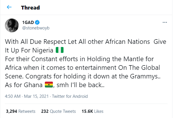 Let all other African Nations give it up for Nigeria for holding it down at the Grammys, as for Ghana, smh - Ghanaian singer, Stonebwoy writes 